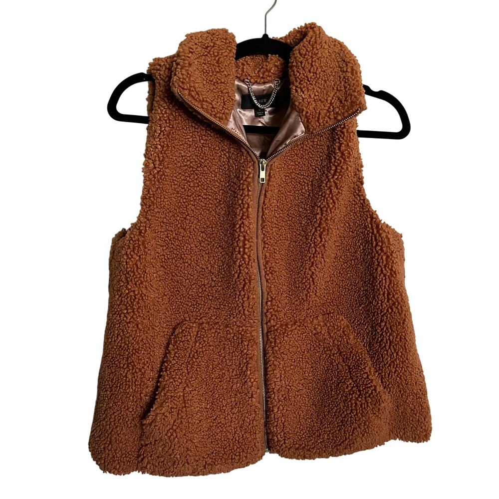 J. Crew Vest Teddy Sherpa Fleece Caramel Brown Zip Front Faux Fur Womens Small
